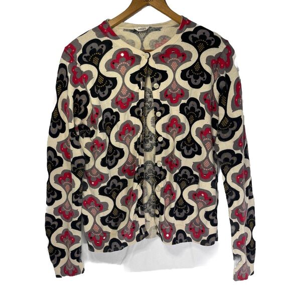 Fossil Y2K Women's Cardigan Bold Print w/Sequins Size M Pink Black Gray - Picture 3 of 5